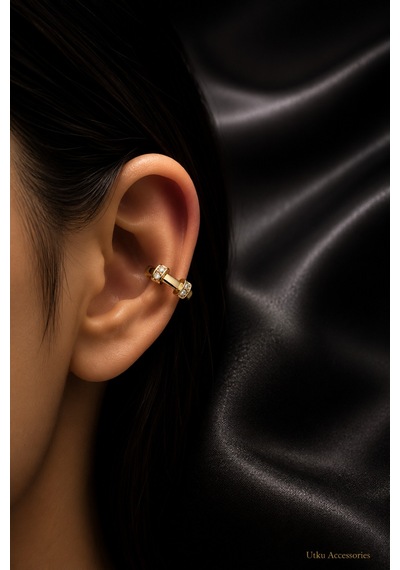 Gold Taşlı Çelik Kıkırdak Küpe Earcuff Altın