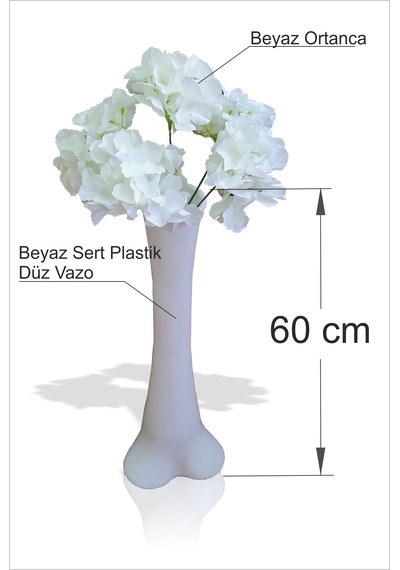 Uzun 60 Cm Beyaz Konik Vazo Ve Ortanca 50 Cm Kaliteli Yapay Çiçek