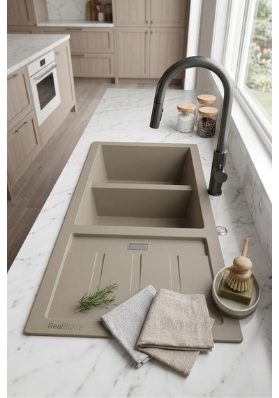 P024 Artemis 1.5 Göz Damlalıklı Granit Evye 1000 460 Mm Cappuccıno İsimdebelirtilmiş