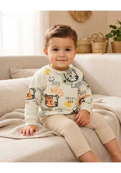 Tuffy Erkek Bebek Ekru Renkli Little Lion Baskılı Rahat Sweatshirt