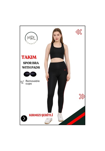 Missmaral Kadın Spor Takım Yüksek Bel Tayt Pedli Büstiyer Sport Team High Waist Padded Bustier Black 3048 Siyah Kırmızı
