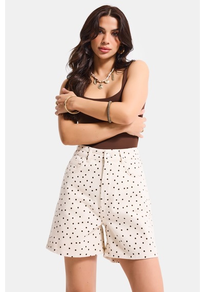 it's basic Kadın 7s6 Puantiye Desen Mom Fit Midi Boy Özel Kumaş Denim Şort Bej