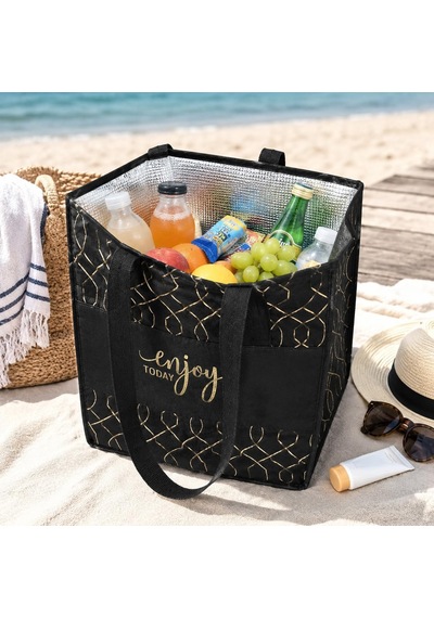 Termoslu Piknik Çantası 30x20x40 Cm, Isı Yalıtımlı Alüminyum Kaplamalı İç Yüzey, Keçe Dış Yüzey, Katlanabilir Termal Alışveriş Plaj Kamp Piknik Çantası Siyah