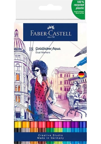 Faber-Castell Goldfaber Aqua Çift Uç Markör 18’li, Yüksek Pigmentli, Kalıcı ve Canlı Renkler, Fırça ve Fineliner