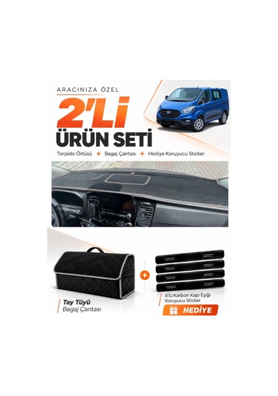 Ford Transit Custom 2016-2024 Uyumlu Torpido Örtüsü + Tay Tüyü Bagaj Çantası Seti - Siyah Gri
