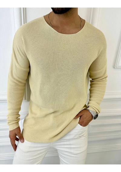 Elku Moda Kazak Oversize Örme Natural Pamuk Tüylenmeyen Kazak Salaş Tarz Triko Sweatshirt Krem