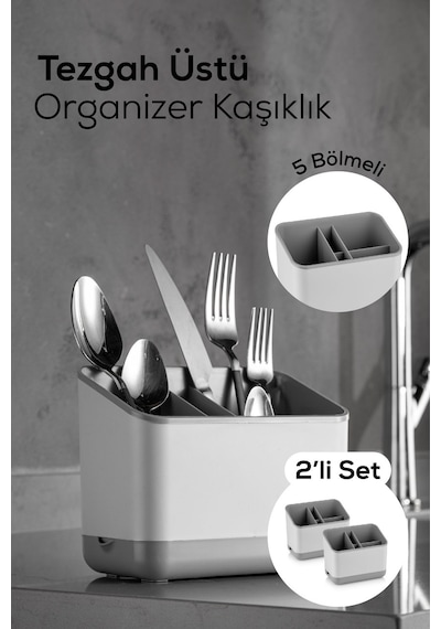 Vienev 2 Adet Tezgah Üstü Kaşık Düzenleyici 5 Bölmeli Organizer Kaşıklık Gri