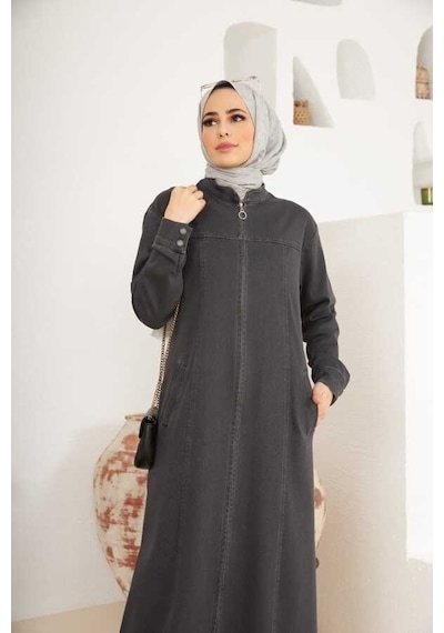 6579-denim Fermuarlı Ferace Koyu Gri Koyu Gri