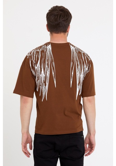 Erkek Oversize Baskılı T-shirt Taba