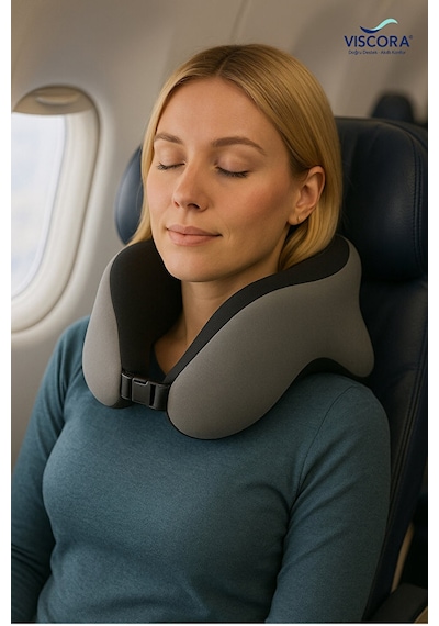 Vıscora Space Memory Foam Ortopedik Boyun Yastığı Seyahat Ve Ofis Kullanımı Gri - Siyah