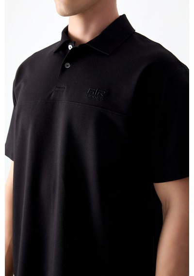 Air Jones Tommy Life Siyah Pamuklu Kalın Yumuşak Dokulu Polo Yaka Oversize Fit Basic Erkek T- Shirt - 88382 Siyah