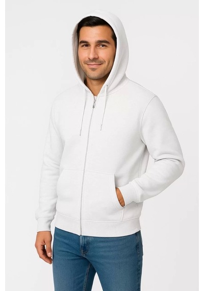 Cvs Giyim Erkek Üç İplik Kapüşonlu Tam Fermuarlı Kanguru Çepli Sweatshirt Hoodie - Beyaz Beyaz