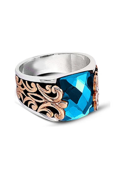 Kuyumcudukkanı Baget Taşlı Yanı Bronz Parçalı Elyapımı Gümüş Erkek Yüzük-60009-w-blu 21 Beyaz