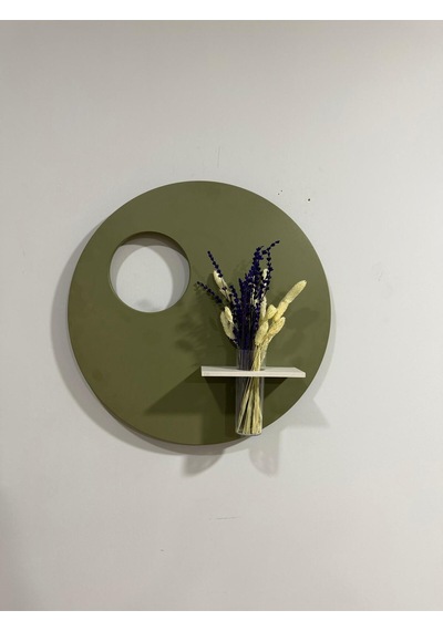 Sümbül 50 Cm Ahşap Pilli Ledli İskandinav Tarzı Duvar Rafı Modern Çiçeklik Haki