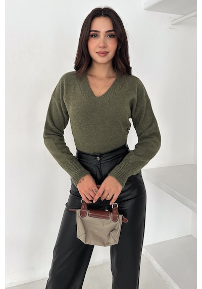 Noa & Noa Kadın V Yaka Triko Kazak Cozy Neutral Yeşil