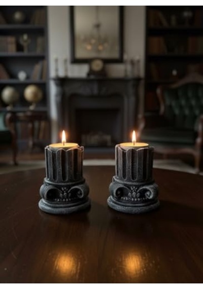 Mireva Yunan Sütunu Taş Mumluk Seti 2'li 9 Cm Tealight Şamdan, Dekoratif Obje Çok Renkli