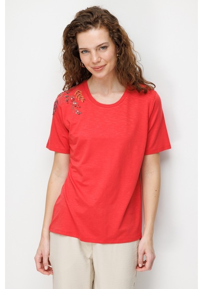 Kadın Sıfır Yaka Tek Omuzu Nakışlı Penye T-shirt Mercan Mercan