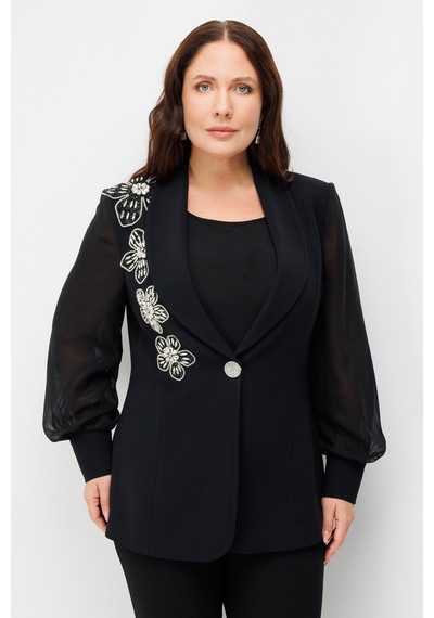Moda İlgi Kadın Çiçek Taş Aksesuarlı Tek Düğme Ceket Siyah