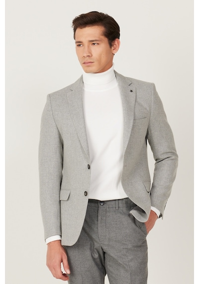 AC&Co / Altınyıldız Classics Erkek Gri Slim Fit Dar Kesim Mono Yaka Desenli Yünlü Ceket Gri