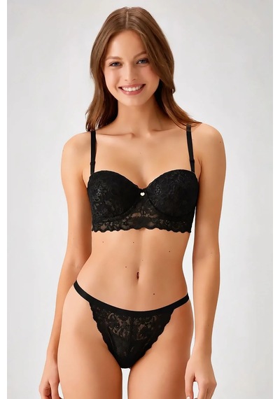 Pierre Cardin Straplez Desteksiz Dantelli Sütyen Ve String Külot Takımı Siyah