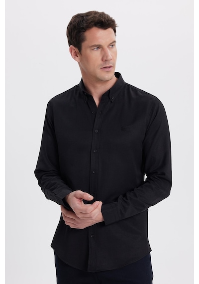 Tudors Erkek Slim Fit Dar Kesim Düz Oxford Armalı Yaka Düğmeli Siyah Spor Gömlek-42019 Siyah