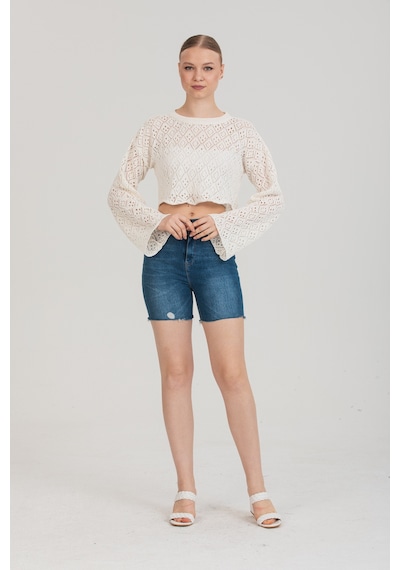 Duygudan Feminen Ajurlu Dokulu Beyaz Crop Bluz Standart Beden - Beyaz