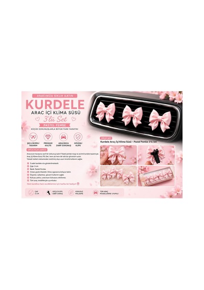 Kurdele Araç İçi Klima Süsü Pastel Pembe 3'lü Set Klipsli Araba Klima Süsü Oto Aksesuar