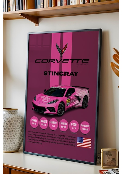 Corvette Stingray Araba Tablosu - Teknik Özellikli Otomobil Poster - Çerçeveli Duvar Dekoru Siyah