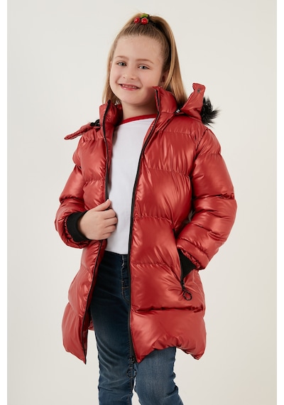 Lela Peluş Astarlı Yakası Suni Kürklü Çıkarılabilir Kapüşonlu Kışlık Kız Çocuk Mont 5761908 Kırmızı