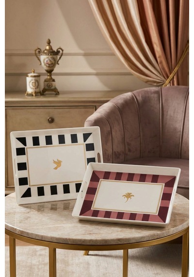 Makri Home 2 Adet Çizgili Desenli Servis Tepsisi 38x28x3,5 Cm, Siyah-beyaz Ve Bordo Çok Renkli