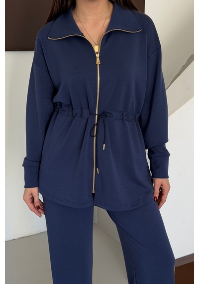 Balenbi Oversize Fermuarlı Beli Bağcıklı Polo Yaka Modal Kadın Takım 1196 - Form Serisi Lacivert Balenbi Oversize Fermuarlı Beli Bağcıklı Polo Yaka Modal Kadın Takım 1196 - Form Serisi Lacivert