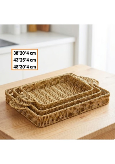 İç İçe Geçebilen 3 Lü Dikdörtgen Plastik Rattan Tepsi Seti Hasır Görünümlü Çok Amaçlı Servis Ve Sunum Tepsileri 5570 Sarı