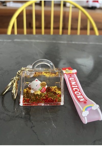 Feng Shui Şans Ve Bereket Kedisi Figürlü Sulu Anahtarlık / Çanta Süsü Patili Kedi Model 3 Maneki Neko