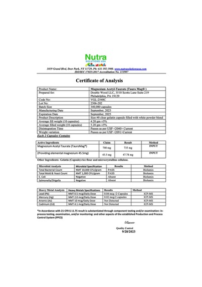 Double Wood Magnesium Acetyl-taurate 700mg 60 Capsul. Usa V...