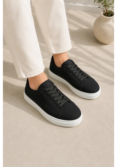 Mevese Austin Bağcıklı Cilt Erkek Günlük Sneaker Ayakkabı - Siyah Beyaz Süet