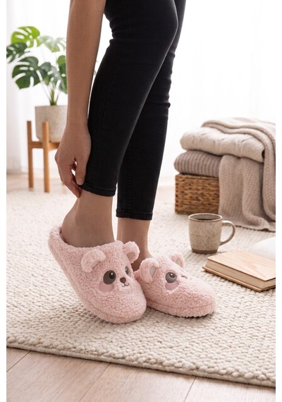 Modafrato Teddy Bear Kadın Ev Terliği Kışlık Terlik Kauçuk Ses Yapmayan Taban Pudra