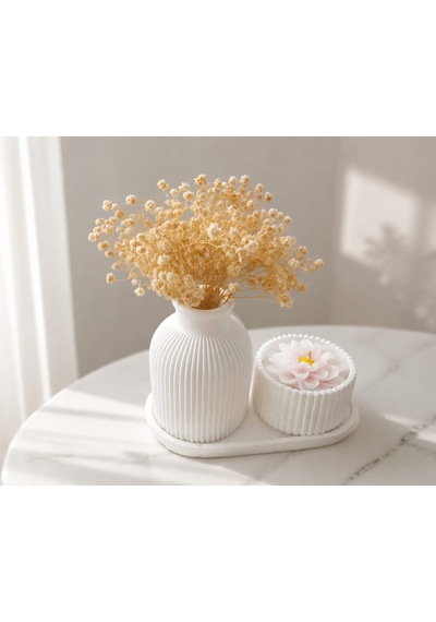 Minimalist Çizgili Vazo, Lotus Mum Ve Sunum Tepsili Beton Dekorasyon Seti 001 - Beyaz