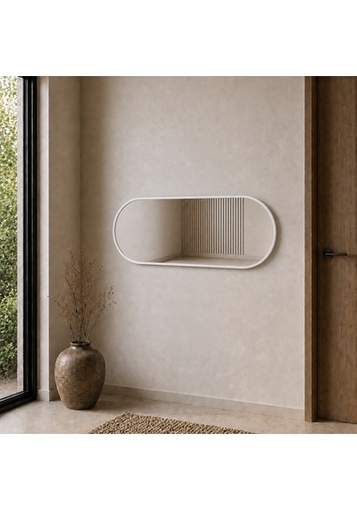 Modern Oval Boy Aynası 40x120 Cm Minimalist Çerçeveli Dekoratif Duvar Aynası 2026 Trend Beyaz