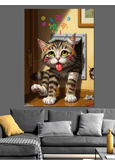 Ahşap Tablo Kapıdan Çıkan Komik Dil Çıkaran Kedi Hayvan Tabloları