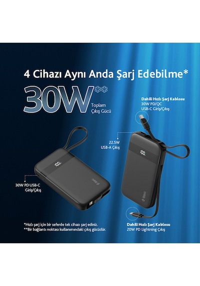 Ttec 2BB225S Recharger Pro LCD 10.000 mAh PD 30W Lightning Ve USB-C Dahili Kablolu Taşınabilir Powerbank