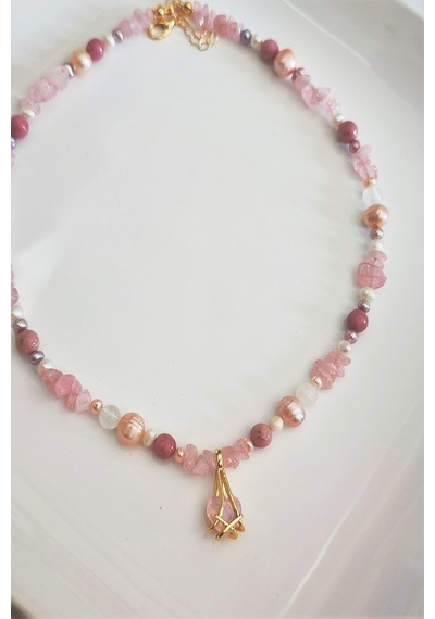 Badeaccessories Pembe Kuvars Kültür İncileri Rodonit Selenit Doğal Taş Kolye