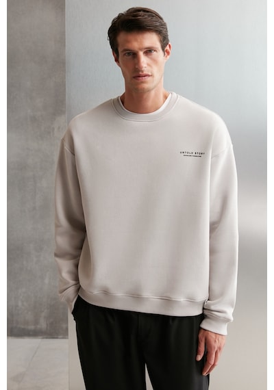 Grimelange Bryan Erkek Yumuşacık Kumaşlı 3 Iplik Oversize Bol Kesim Yuvarlak Yakalı Baskılı Gri Sweatshirt