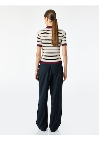 Koton Regular Fit Polo Yaka Çizgili Kısa Kollu Triko Kazak Bordo Çizgili 7wak90456ht
