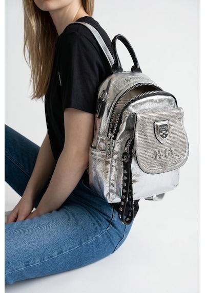 Baginn Kadın Sırt Çantası Taşlı Model Black-silver 25 19 Cm Günlük Mini Sırt Çantası Fonksiyonel Kullanım Gümüş
