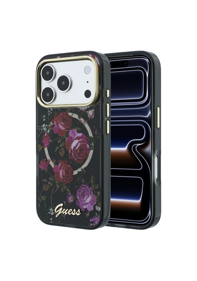 Apple iPhone 18 Pro Uyumlu Kılıf Guess Lisanslı M-safeli Gül Desenli Simli Yazı Logolu Kapak Siyah