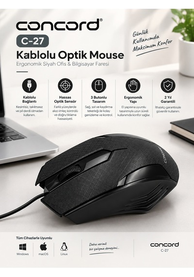 Concord C-27 Kablolu Optik Mouse Ergonomik 3 Butonlu Siyah Bilgisayar Faresi C27
