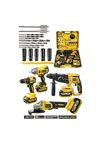 Assur Asr1192 Profesyonel Akülü Kömürsüz 4 Lü Matkap Seti 21v 3ah - 800nm Somun Sökme, 26mm Kırıcı Delici, 13mm Darbeli Vidalama, 125mm Avuç Taşlama Sarı