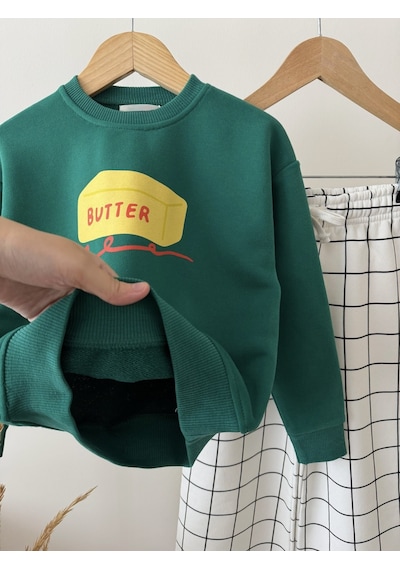 Magu Çocuk Butter Baskılı Yeşil Sweatshirt Ve Ekru Kareli Eşofman Takım Çok Renkli