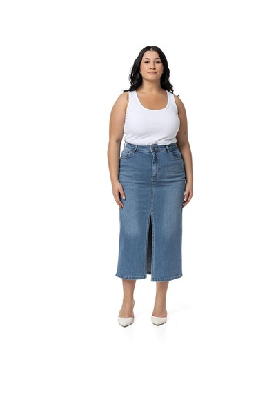 Disentis Büyük Beden Önden Yırtmaç Detaylı Beş Cepli Midi Denim Açık Mavi Etek-açık Mavi Açık Mavi