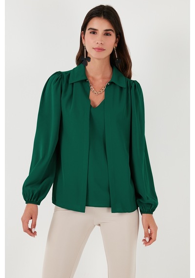 Lela Regular Fit V Yaka Balon Kol Bayan Bluz 611Bz0353 Zümrüt